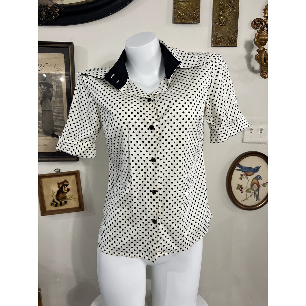 Agnes b. Paris Vintage Polka Dot Collar Short Sleeve Button-Down Shirt 40